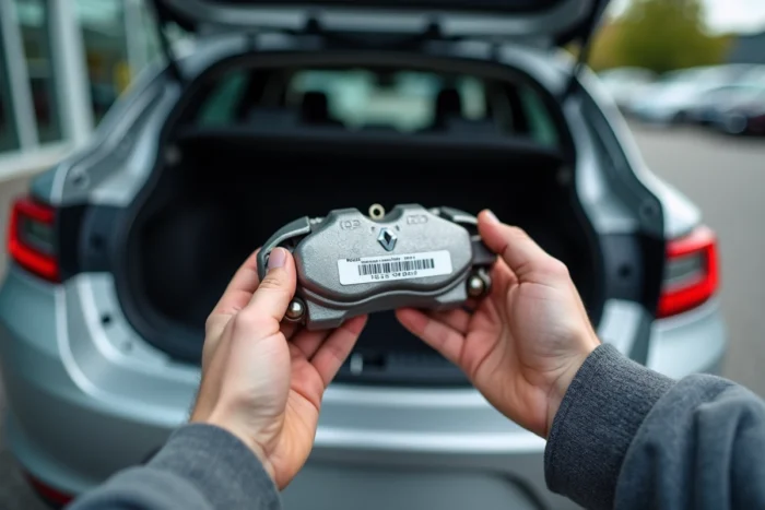 Pièce détachée Renault authentique avec référence fabricant tenue devant une Renault Megane chez un concessionnaire