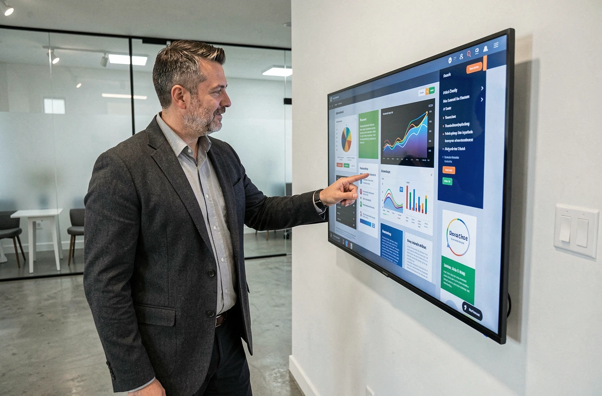 Homme présentant des tendances web sur un écran interactif dans un espace tech moderne