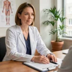 Professionnelle de la douleur en consultation avec une patiente dans un cabinet médical moderne