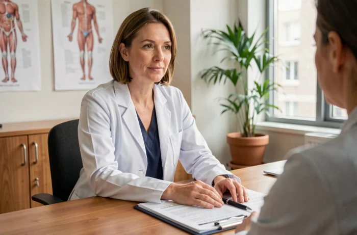 Professionnelle de la douleur en consultation avec une patiente dans un cabinet médical moderne