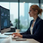 Professionnelle analysant un logiciel ERP sur un écran courbe dans un bureau moderne d'entreprise