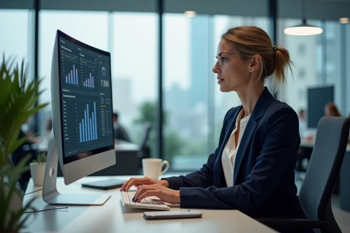 Professionnelle analysant un logiciel ERP sur un écran courbe dans un bureau moderne d'entreprise