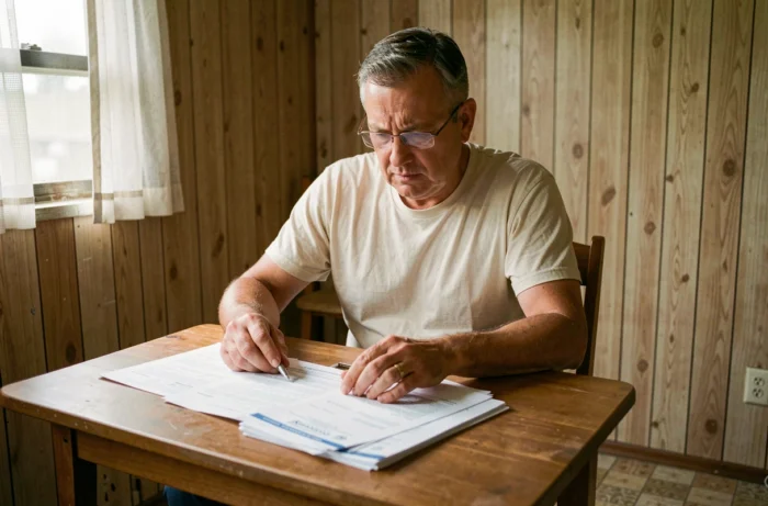 Propriétaire de mobil-home consultant des documents administratifs liés à la nouvelle législation sur les résidences mobiles anciennes