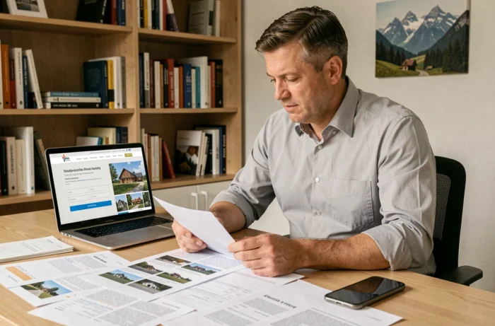 Homme consultant des annonces immobilières suisses sur son bureau à domicile avec documents et ordinateur portable