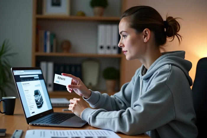 Femme recherchant une référence de pièce détachée Renault sur le catalogue en ligne depuis son bureau
