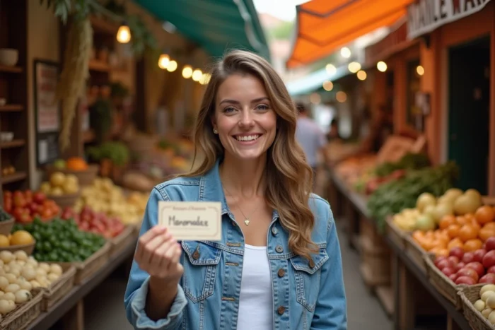 Jeune femme présentant une recommandation locale sous forme de carte dans un marché artisanal coloré