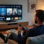 Homme utilisant une télécommande Samsung pour naviguer sur une application de streaming sur smart TV dans un salon moderne