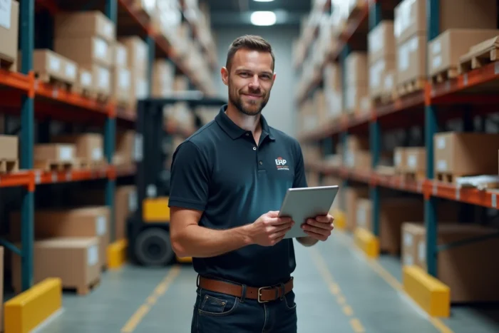 Responsable logistique utilisant une interface ERP sur tablette dans un entrepôt de distribution