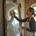 Femme restaurant un miroir piqué avec des taches noires dans un salon de style français au parquet ancien