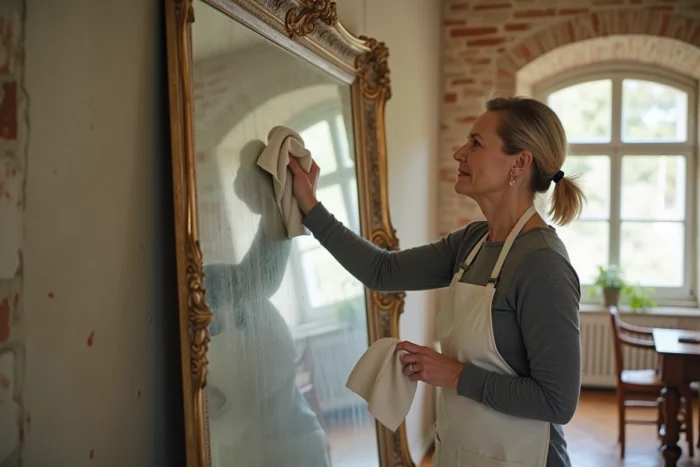 Femme restaurant un miroir piqué avec des taches noires dans un salon de style français au parquet ancien