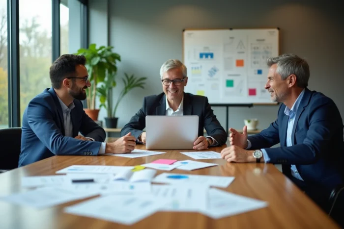 Équipe de professionnels en réunion stratégique autour d'une table de conférence avec rapports et ordinateur portable