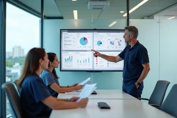 Réunion d'équipe vétérinaire analysant les données d'un logiciel de gestion pour cliniques multi-sites