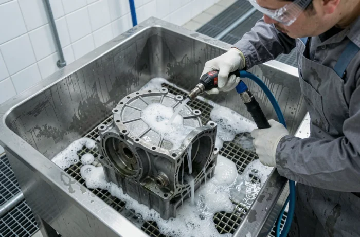 Rinçage haute pression d'un carter de boîte de vitesses dans un bac de lavage industriel