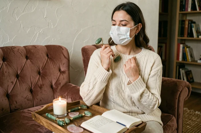 Femme portant un masque de beauté posant avec un rouleau de jade et des outils de soin gua sha sur un plateau en bois dans un salon cosy