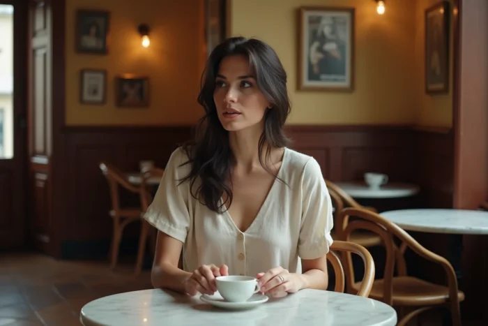 Actrice française pensive dans un café parisien traditionnel tenant une tasse d'espresso