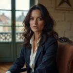 Portrait éditorial d'une actrice française élégante dans un appartement parisien aux murs en pierre