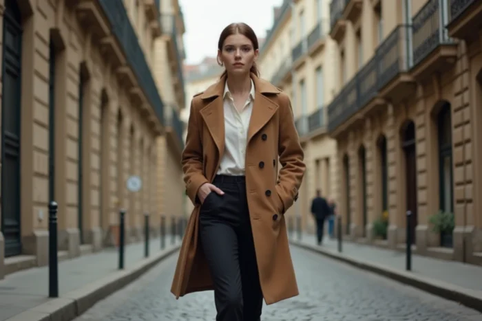 Actrice française marchant dans une rue pavée historique avec architecture classique en arrière-plan