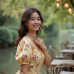 Femme en robe fleurie jaune pastel portant un collier de perles et des boucles d'oreilles dorées rétro dans un décor de guinguette au bord de l'eau