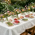 Table de fête dressée pour la Pentecôte dans un jardin printanier avec des fleurs sauvages et des entrées colorées de saison