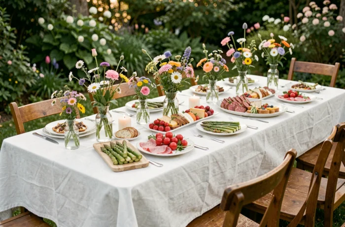 Table de fête dressée pour la Pentecôte dans un jardin printanier avec des fleurs sauvages et des entrées colorées de saison