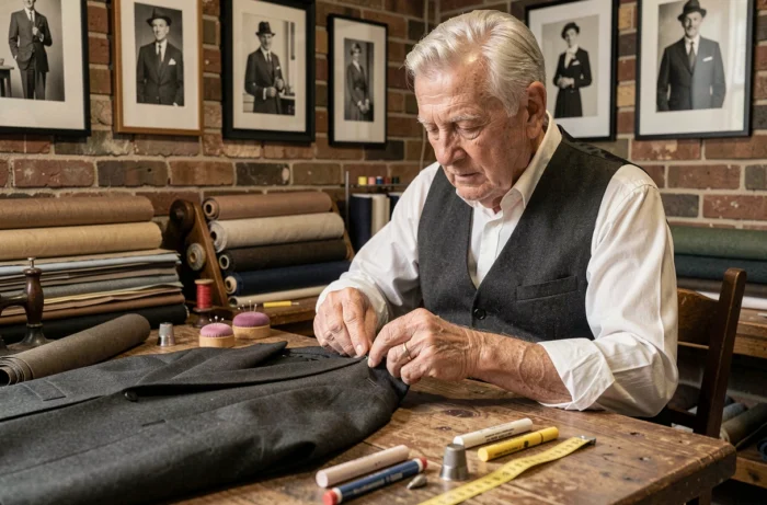 Tailleur âgé cousant à la main un veston sur mesure dans un atelier artisanal traditionnel, symbole du patrimoine et de l'histoire de la haute couture