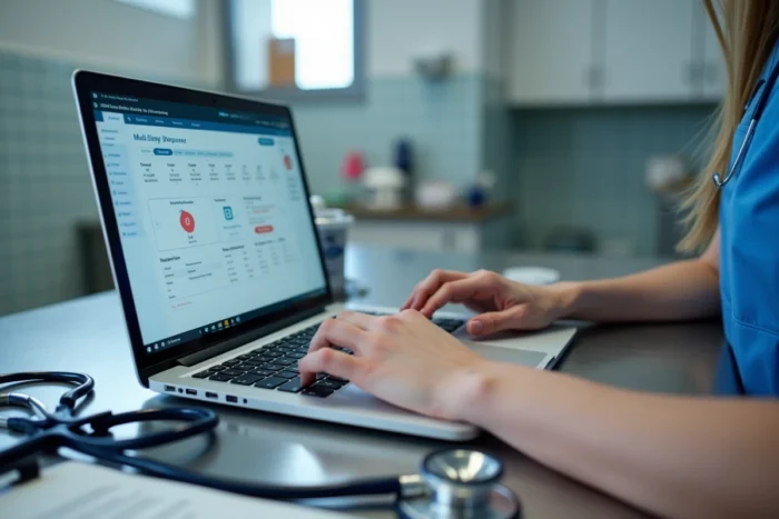 Technicien vétérinaire utilisant un logiciel de gestion sur ordinateur portable dans une salle d'examen
