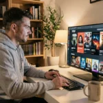 Homme naviguant sur un site de téléchargement de films en 2024 depuis son bureau à domicile