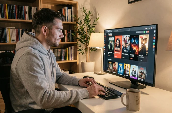 Homme naviguant sur un site de téléchargement de films en 2024 depuis son bureau à domicile
