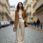 Femme portant un blazer camel oversize et un pantalon large crème dans une rue pavée parisienne en automne, style tendance mode saison