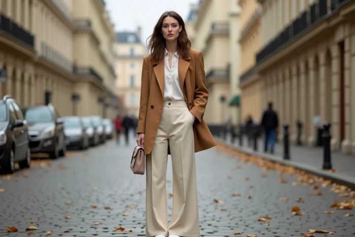 Femme portant un blazer camel oversize et un pantalon large crème dans une rue pavée parisienne en automne, style tendance mode saison