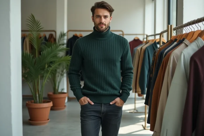Homme en pull col roulé vert forêt et jean indigo dans un concept store minimaliste, tendance mode masculine automne hiver