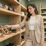 Jeune femme élégante découvrant les nouvelles tendances chaussures et accessoires dans une boutique de mode féminine moderne