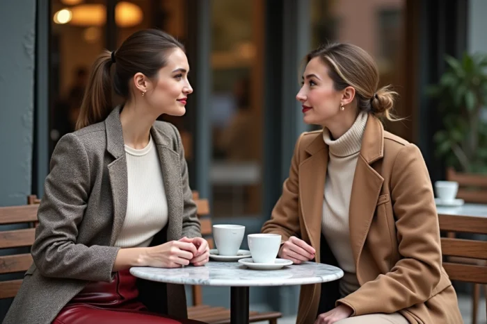 Deux femmes élégantes en tenues tendance mode automnale attablées en terrasse de café, jupe midi bordeaux et manteau en laine à chevrons
