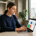 Femme consultantles dernières tendances du web sur un laptop dans un bureau moderne