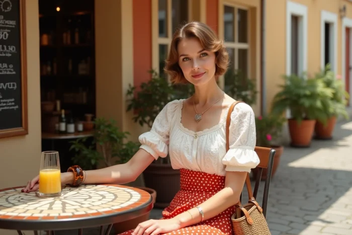 Femme assise en terrasse de guinguette portant une jupe à pois, un bracelet bakelite et une broche Art Déco vintage