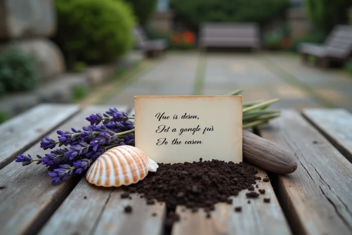 Nature morte sensorielle avec coquillage, lavande et carte manuscrite aux trois phrases courtes sur bois rustique