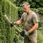 Homme utilisant un taille-haie électrique pour tailler une haie de buis dans un jardin bien entretenu