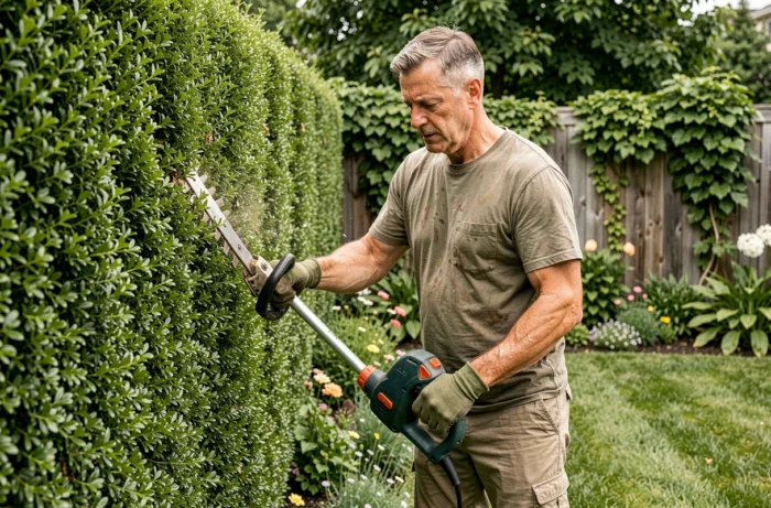 Homme utilisant un taille-haie électrique pour tailler une haie de buis dans un jardin bien entretenu