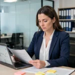 Femme professionnelle analysant des documents et des données sur un ordinateur pour vérifier la fiabilité d'un service en 2026