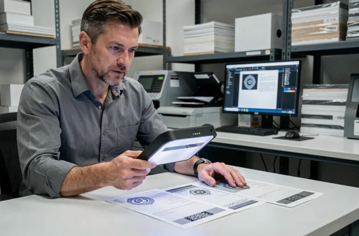 Technicien comparant deux feuilles de papier sécurisé sous lampe UV dans un atelier de production de documents officiels