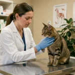 Vétérinaire examinant un chat tigré dans une clinique animalière moderne