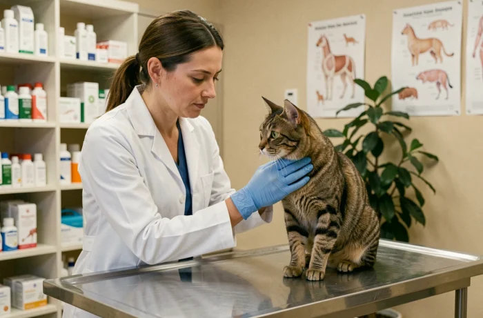 Vétérinaire examinant un chat tigré dans une clinique animalière moderne