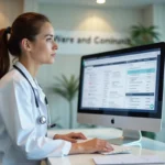 Vétérinaire utilisant un logiciel de gestion multi-sites sur ordinateur dans une clinique vétérinaire moderne