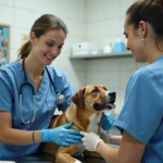 Vétérinaire examinant un chien dans une clinique de refuge animalier en Arizona