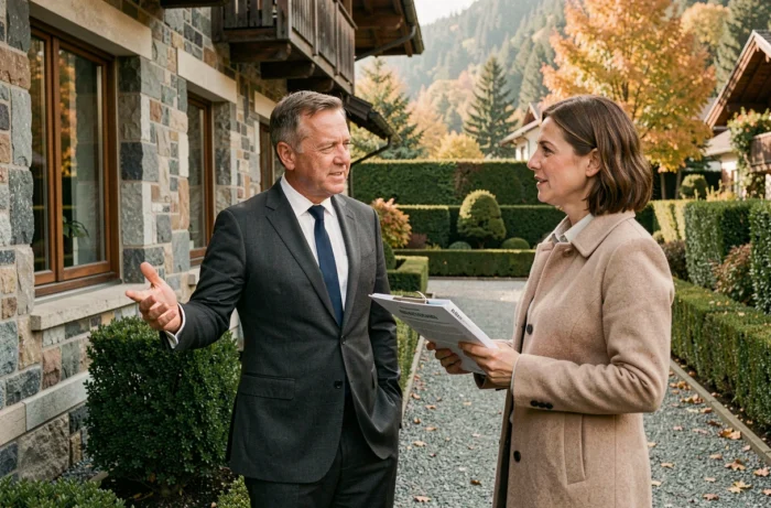 Consultant immobilier suisse et cliente visitant une propriété résidentielle dans la banlieue de Genève en automne