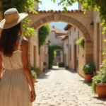Femme en robe de lin explorant une ruelle pavée d'un village médiéval français sous une arche de pierre couverte de vignes