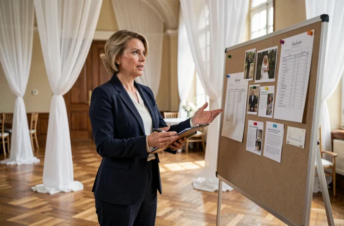 Wedding planner professionnelle présentant un tableau d'inspiration dans une salle de réception avec un carnet de notes et un planning détaillé